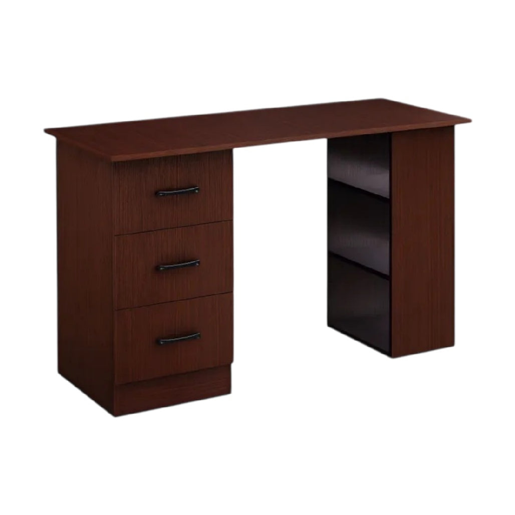 Bureau en bois avec trois tiroirs et étagère ouverte