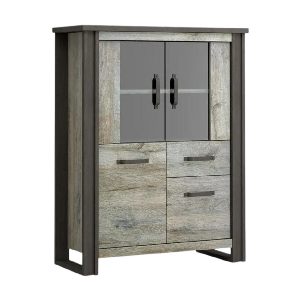 Meuble de rangement en bois avec portes vitrées et tiroirs