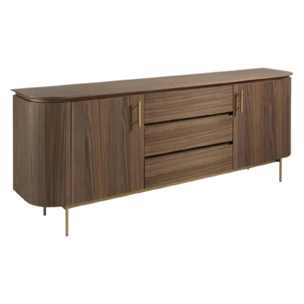 Meuble de rangement en bois avec tiroirs et portes, finition moderne