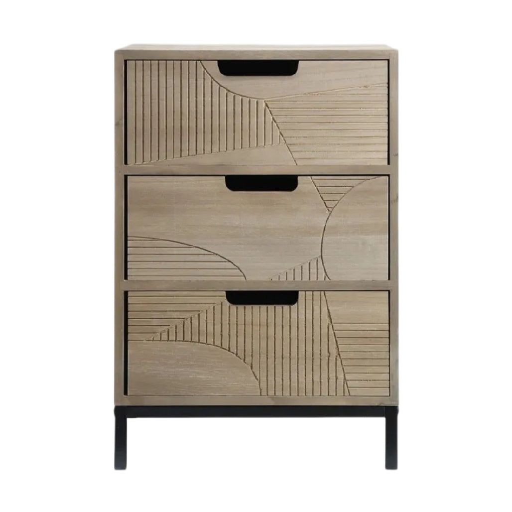 Commode en bois avec motif géométrique et pieds en métal