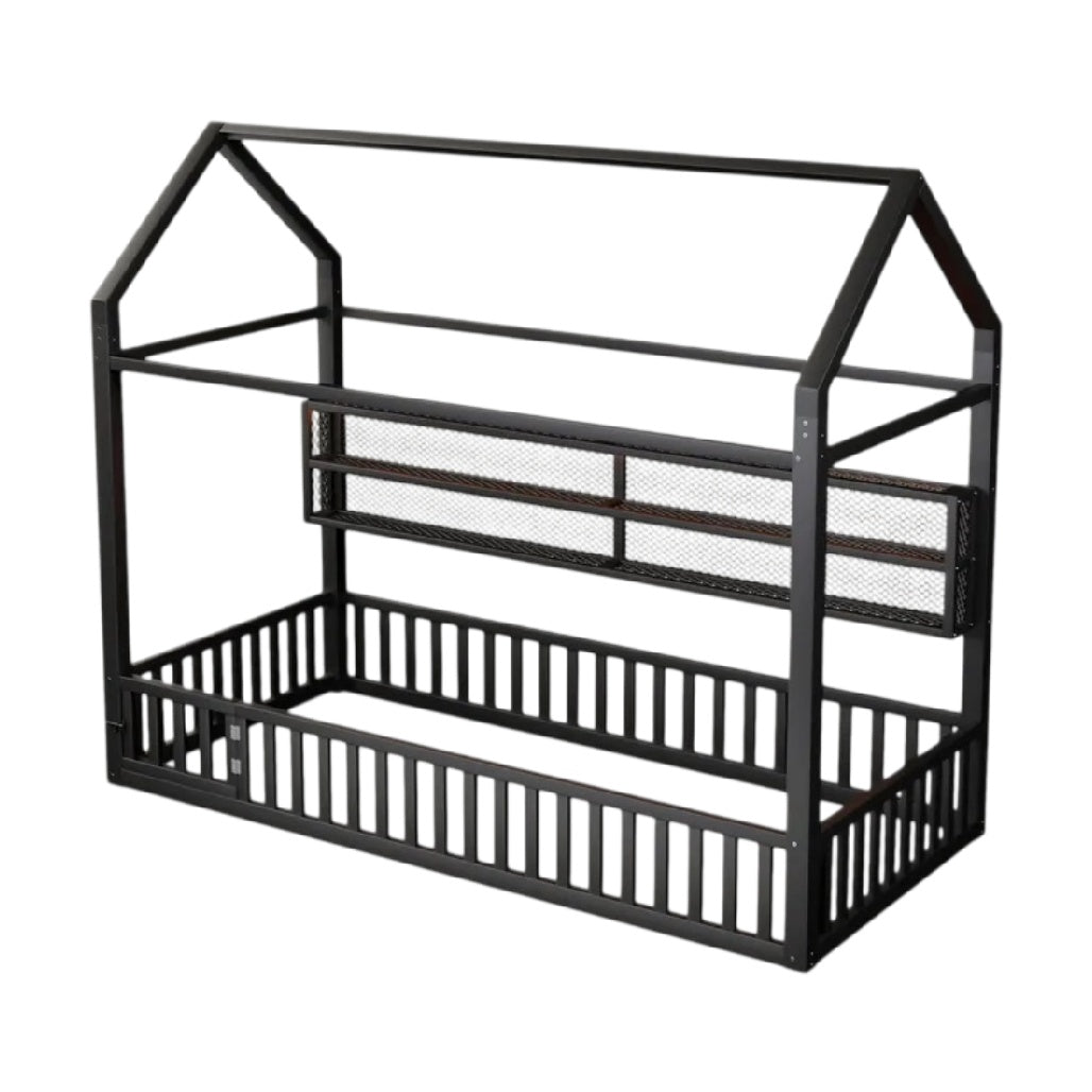 Structure de lit en métal avec design maison et barrières de sécurité